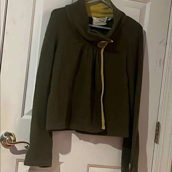 SPARROW-Anthropologie Olive Green Sweater Jacket with Yellow Trim size medium - Picture 1 of 9